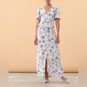 ByTimo Maxi Dress Summer Floral Button Down Puff Sleeve Front Slit Purple XL New